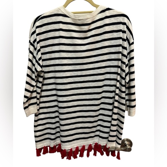 Talbots - White / Black Striped V Neck Sweater with Red Fringe - Size X - Picture 2 of 3